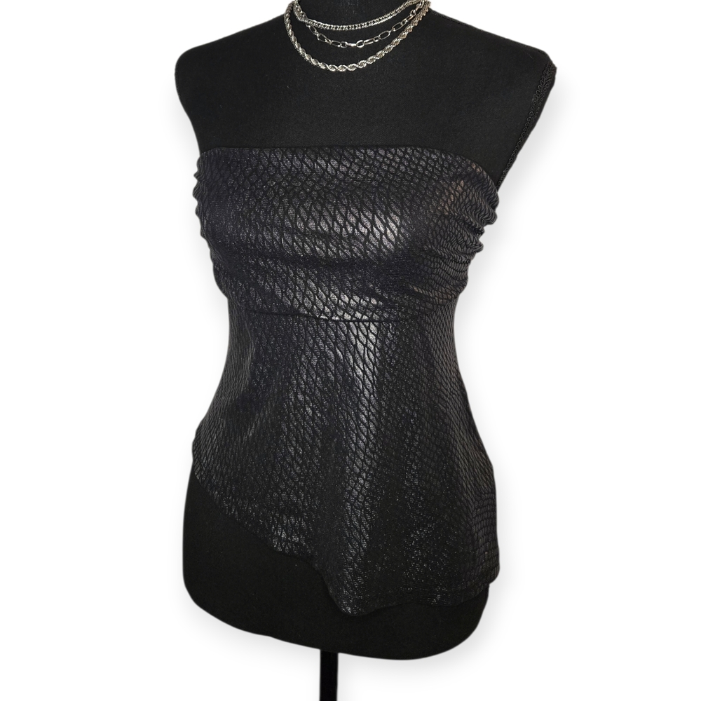 Vintage Y2k Black Faux Snakeskin Strapless Textured Top !